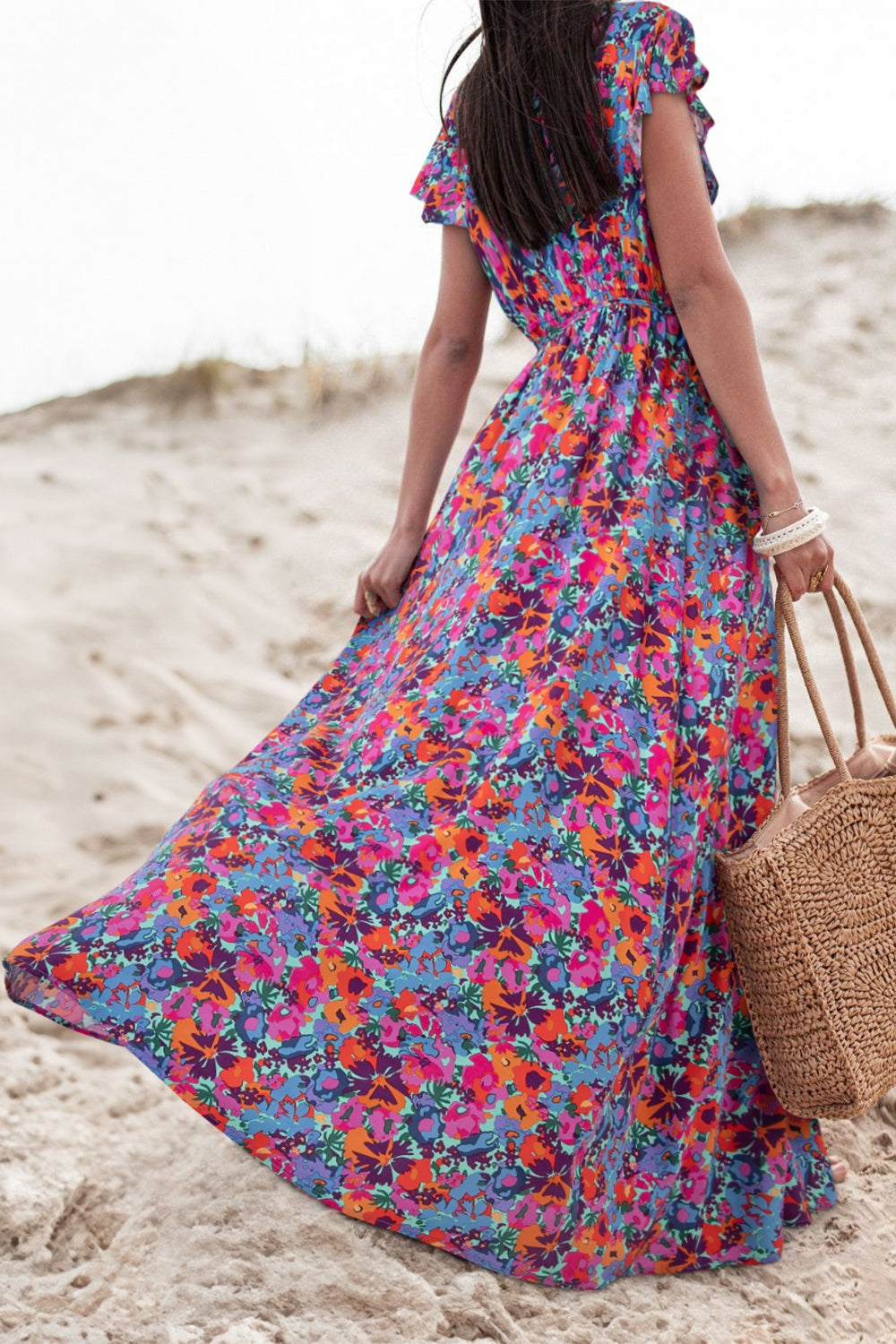 Slit Printed Cap Sleeve Maxi Boho Dress - Spirit and Rebel [Spirit and Rebel]   