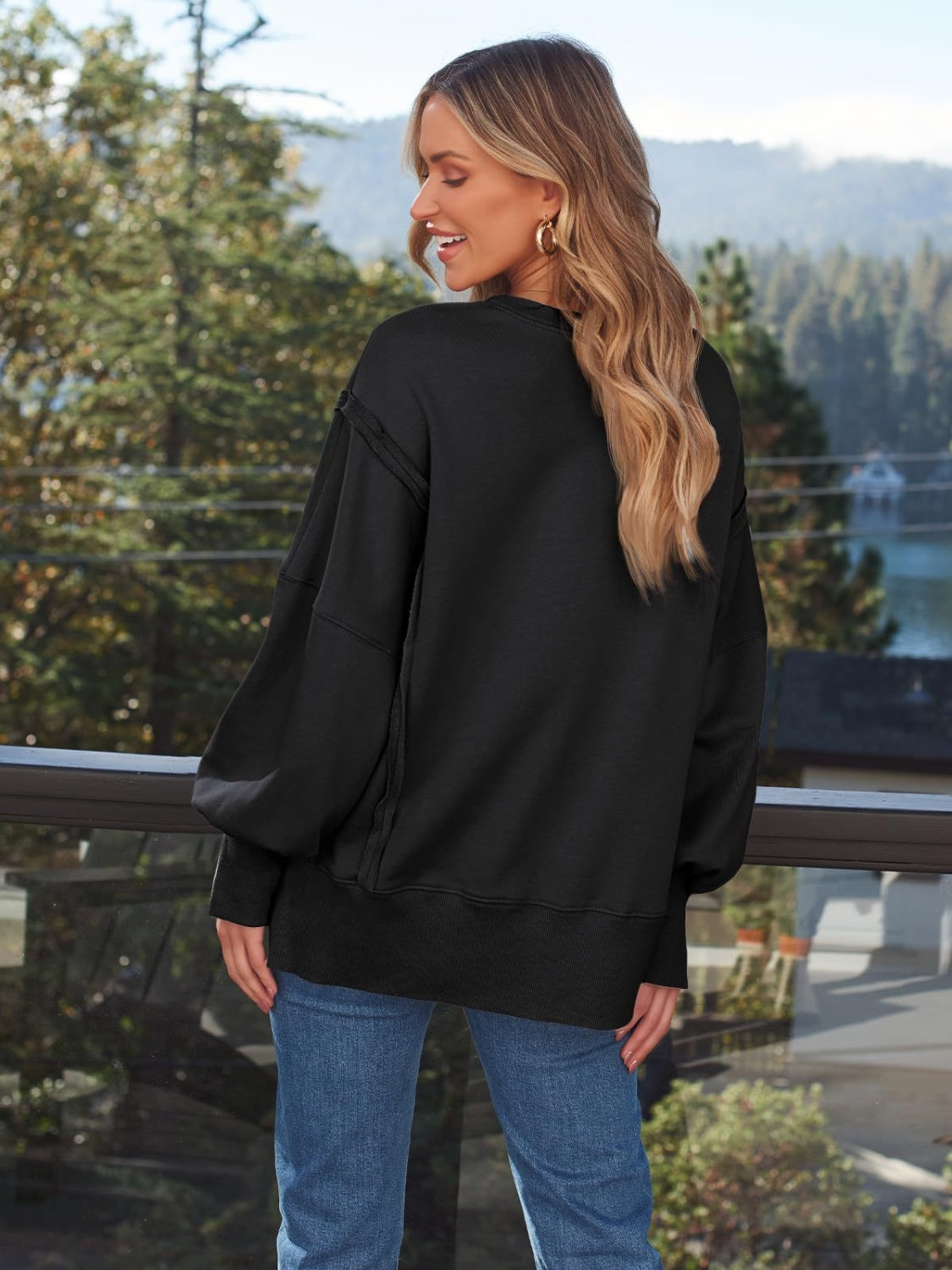 Slit Round Neck Long Sleeve Boho Sweatshirt - Spirit and Rebel [Spirit and Rebel]   