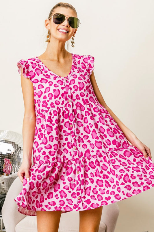 Leopard Cap Sleeve Tiered Mini Boho Dress - Spirit and Rebel [Spirit and Rebel] Pink/Fuchsia S 