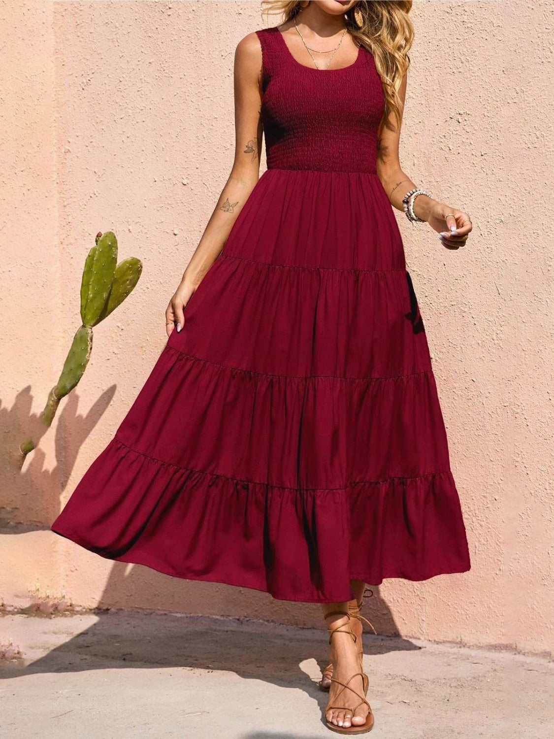 Boho Chic  Tiered Smocked Wide Strap Dress [Spirit and Rebel] Wine S 