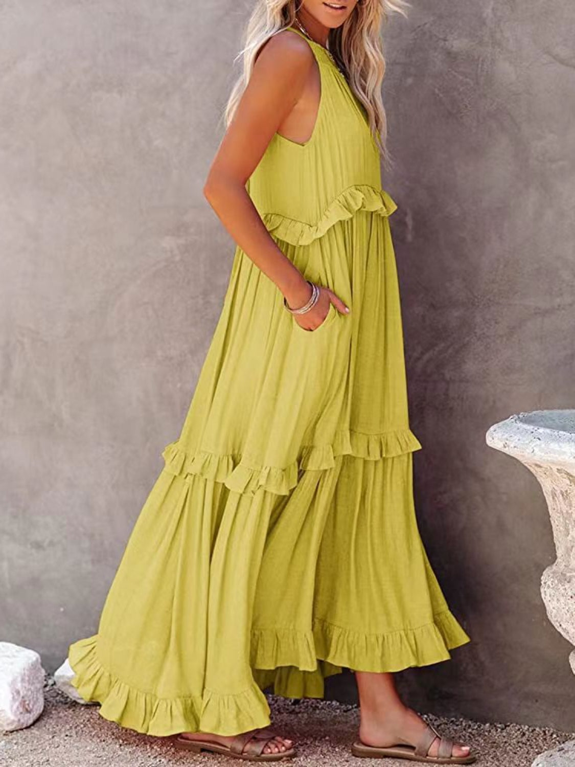 Ruffled Sleeveless Boho Maxi Dress with Pockets [Spirit and Rebel] Chartreuse S 