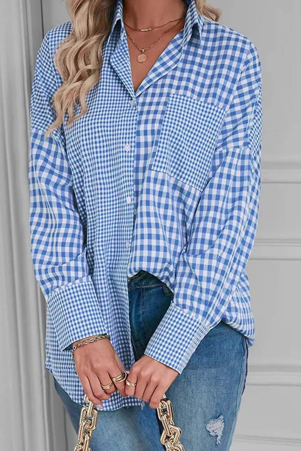 Spirit and Rebel Pocketed Plaid Collared Neck Long Sleeve Boho Chic Shirt [Spirit and Rebel] Light Blue S 