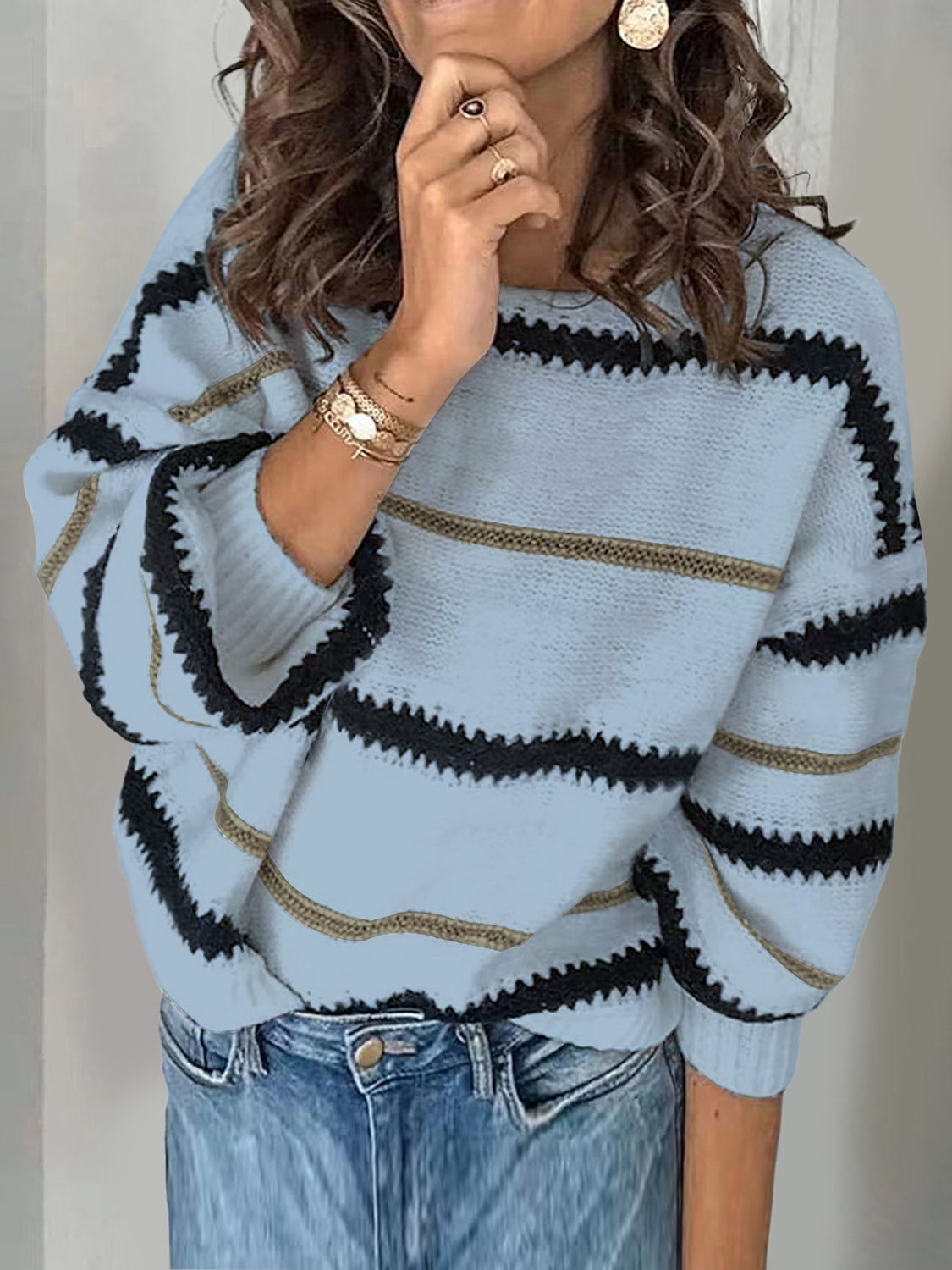 Contrast Striped Round Neck Long Sleeve Sweater [Spirit and Rebel]