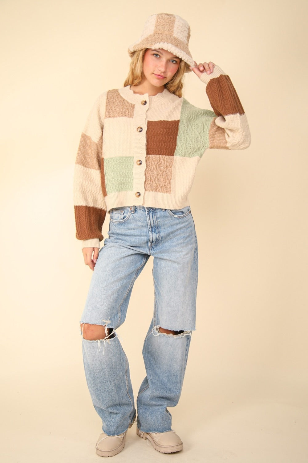 Spirit and Rebel Color Block Button Down Textured Boho Sweater Cardigan [Spirit and Rebel]   