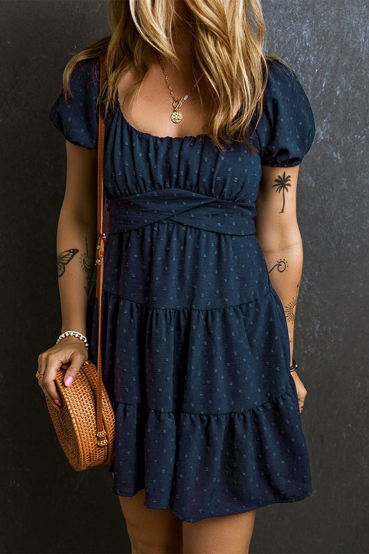 Swiss Dot Short Sleeve Mini Boho Dress - Spirit and Rebel [Spirit and Rebel] Dark Blue S 