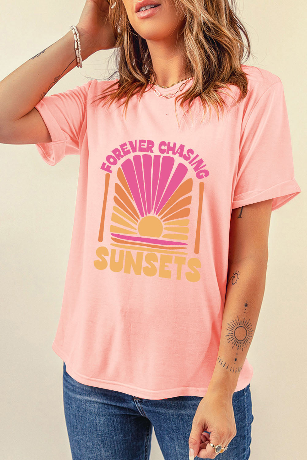 FOREVER CHASING SUNSETS Round Neck T-Boho Shirt - Spirit and Rebel [Spirit and Rebel] Watermelon pink S 