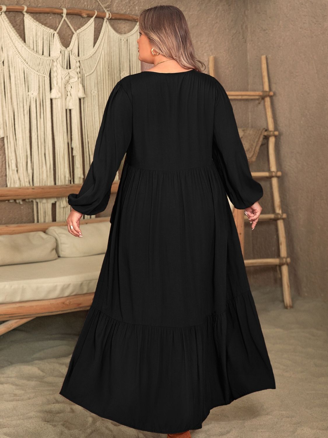 Plus Size Ruffled V-Neck Long Sleeve Dress - Spirit and Rebel [Spirit and Rebel]   