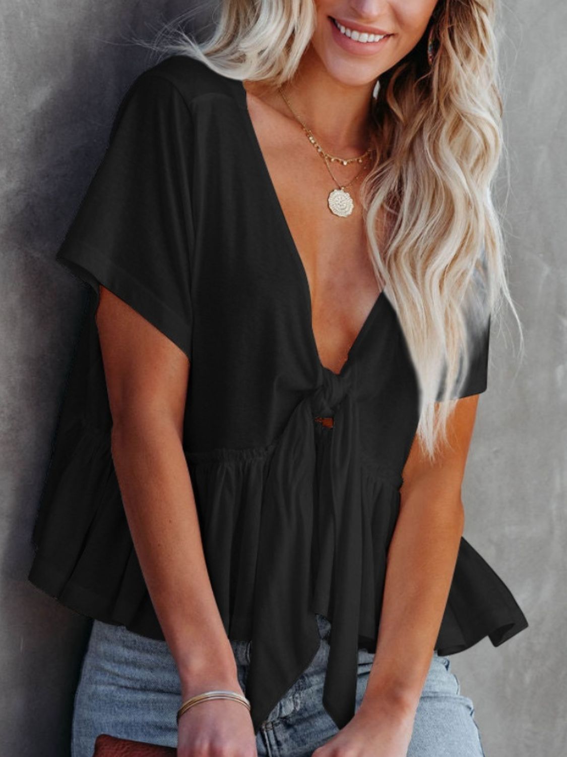 Tied Plunge Short Sleeve Boho Blouse - Spirit and Rebel [Spirit and Rebel]   