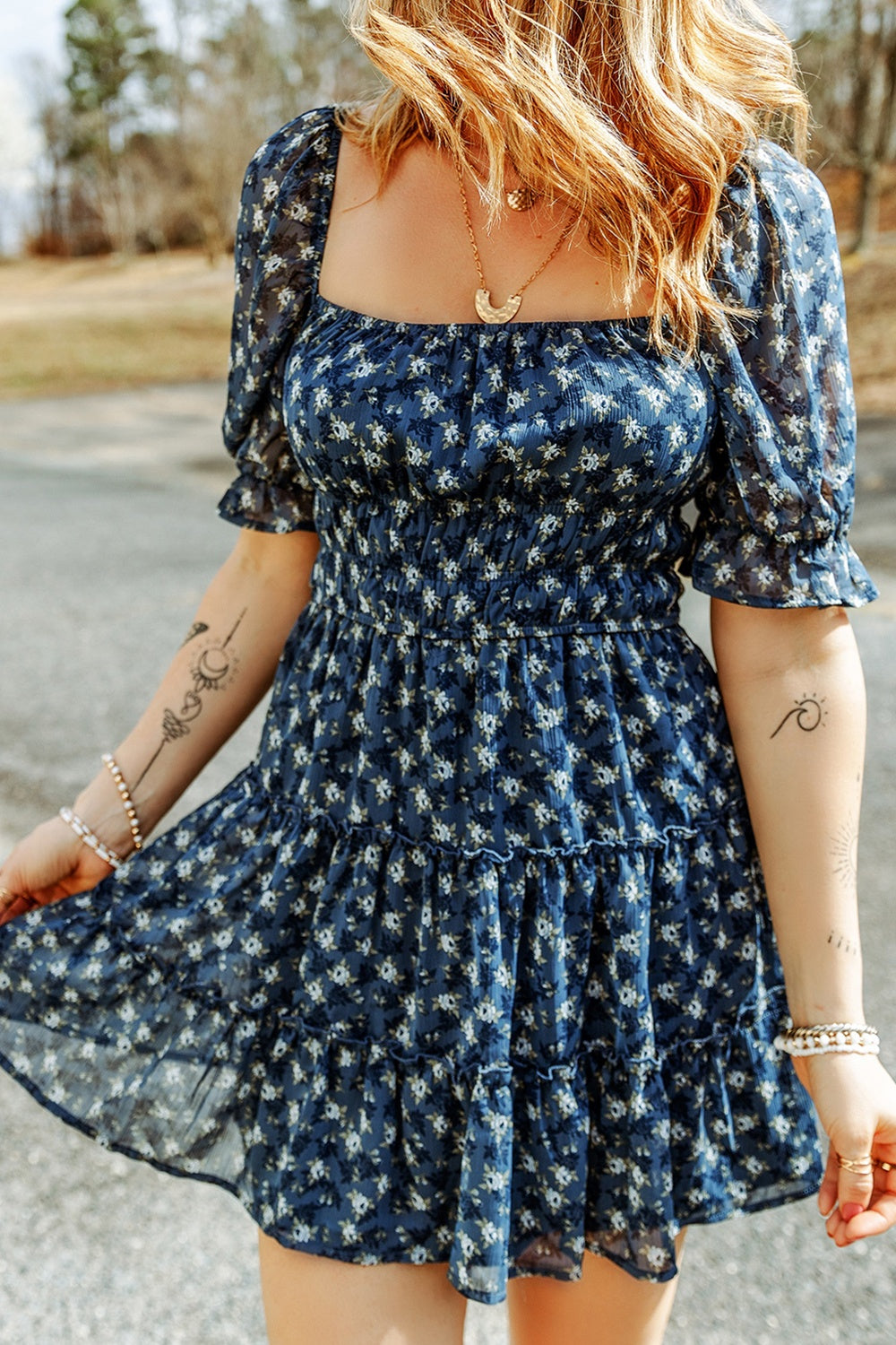 Printed Square Neck Short Sleeve Boho Dress [Spirit and Rebel] French Blue S 