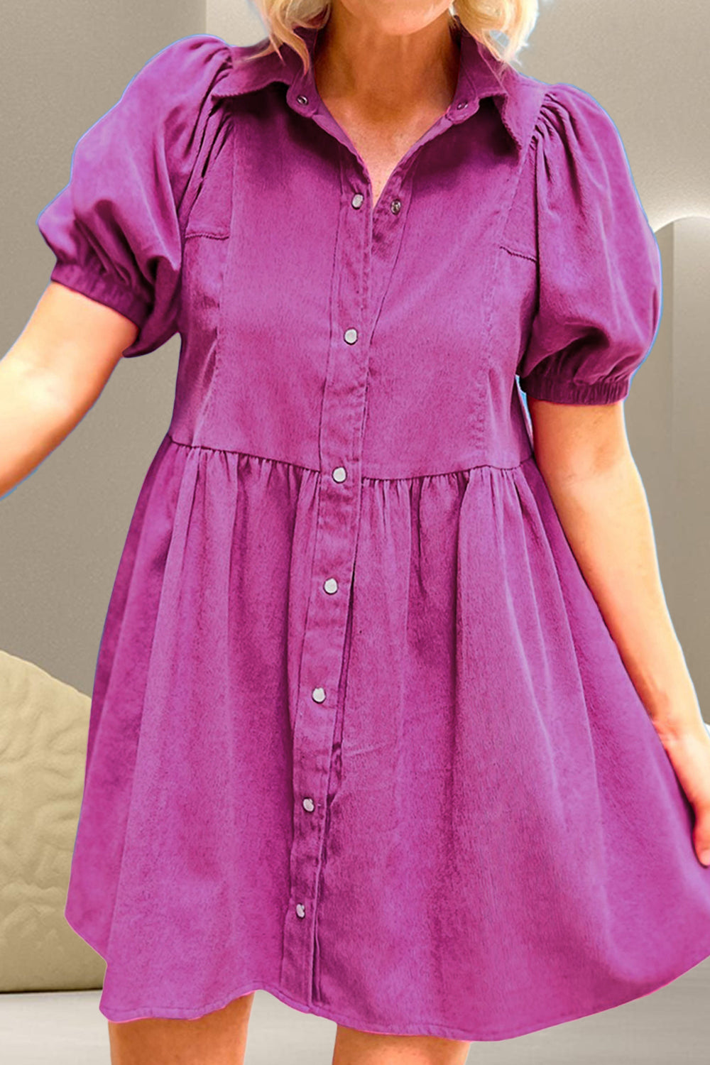 Snap Down Short Sleeve Mini Boho Dress - Spirit and Rebel [Spirit and Rebel] Vivid Violet S 