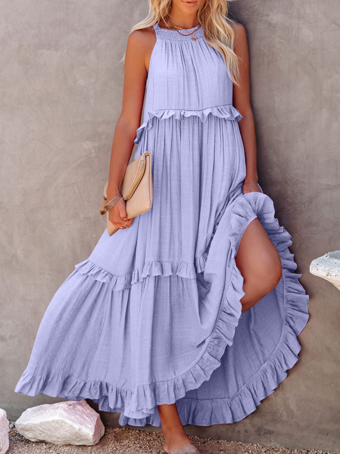 Ruffled Sleeveless Boho Maxi Dress with Pockets [Spirit and Rebel] Lilac S 