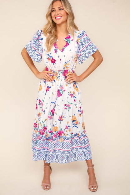 Printed Notched Short Sleeve Tiered Boho Dress - Spirit and Rebel [Spirit and Rebel] Ivory/Blue S 