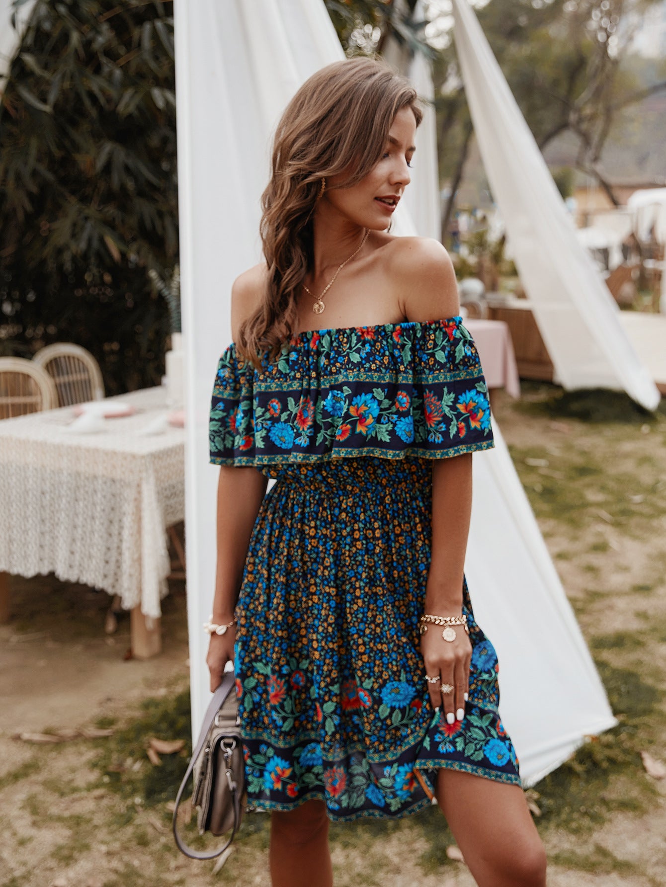 Bohemian Print Off-Shoulder Strapless Knee Length Dress [Spirit and Rebel]   