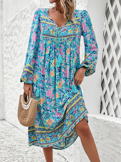 Tassel Tied Printed Long Sleeve Boho Dress [Spirit and Rebel]   