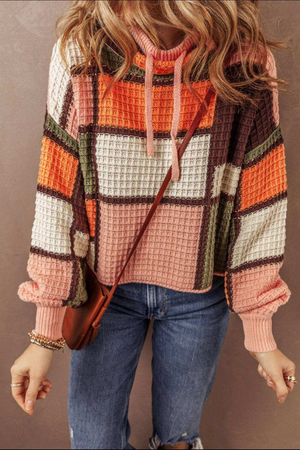 Drawstring Color Block Mock Neck Boho Sweater [Spirit and Rebel]   