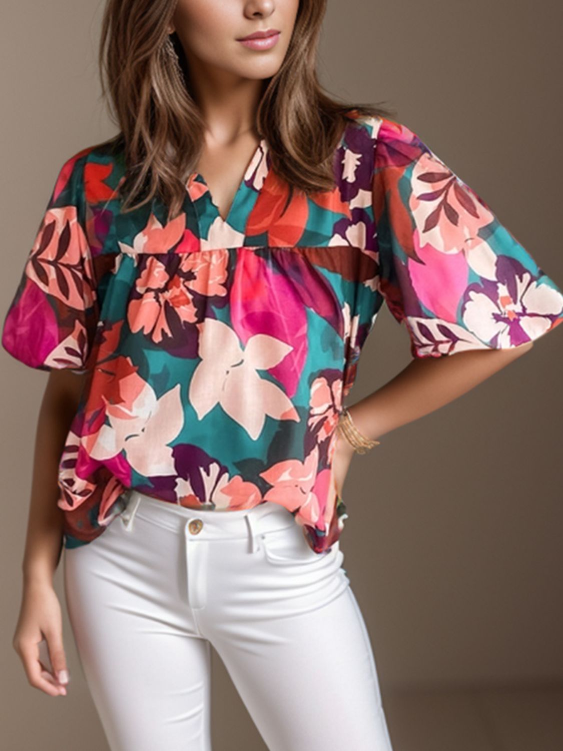 Printed Notched Puff Sleeve Boho Blouse [Spirit and Rebel] Multicolor S 