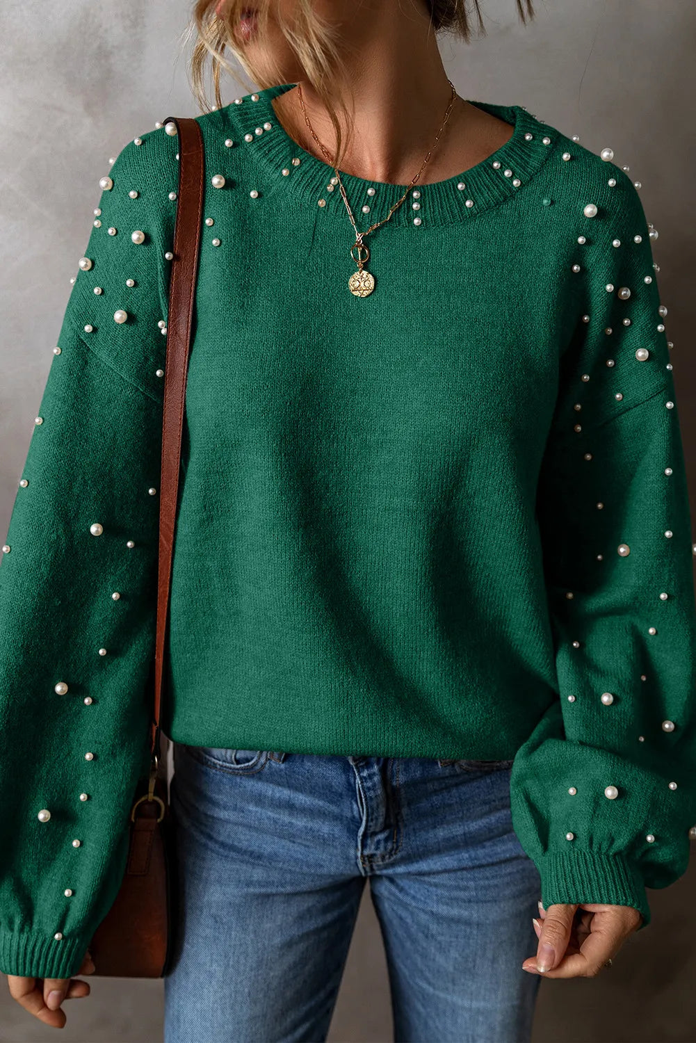 Pearl Detail Round Neck Long Sleeve Boho Sweater - Spirit and Rebel [Spirit and Rebel] Dark Green L 