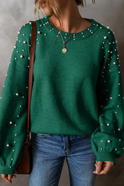 Pearl Detail Round Neck Long Sleeve Boho Sweater - Spirit and Rebel [Spirit and Rebel] Dark Green L 