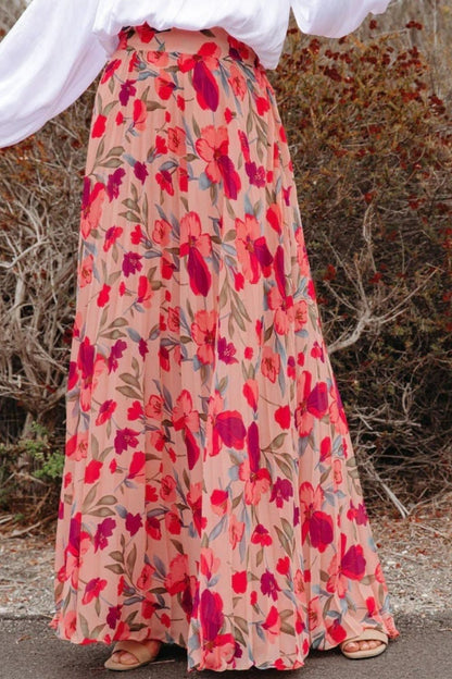 Printed Elastic Waist Pleated Boho Maxi Skirt [Spirit and Rebel] Strawberry S 