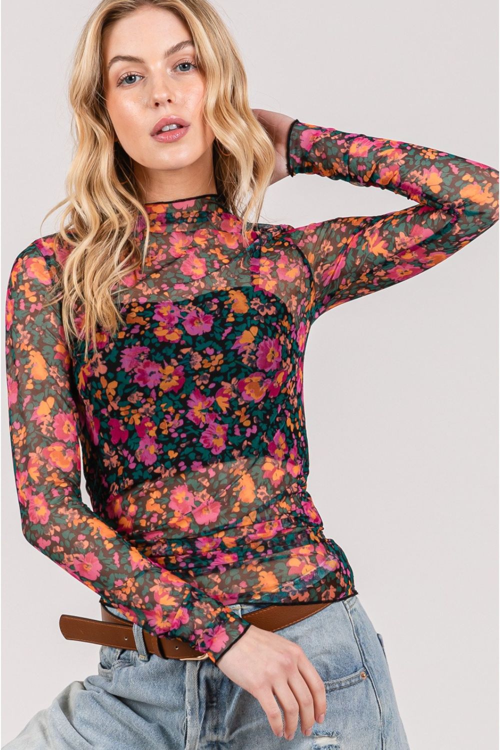 Floral Mesh Long Sleeve Boho Top - Spirit and Rebel [Spirit and Rebel] Black S 