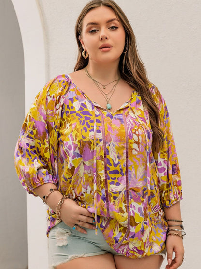 Plus Size Printed Tie Neck Boho Blouse - Spirit and Rebel [Spirit and Rebel]   