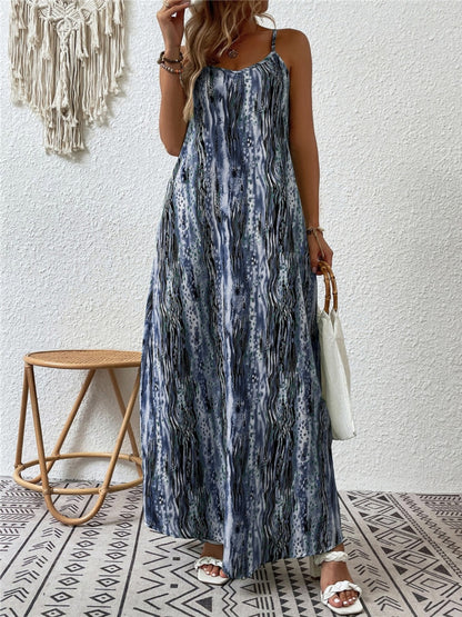 Plus Size Printed Scoop Neck Maxi Boho Cami Boho Dress - Spirit and Rebel [Spirit and Rebel] Dusty Blue S 