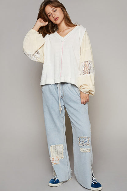 POL Balloon Sleeve Crochet Patch Top [Spirit and Rebel]   