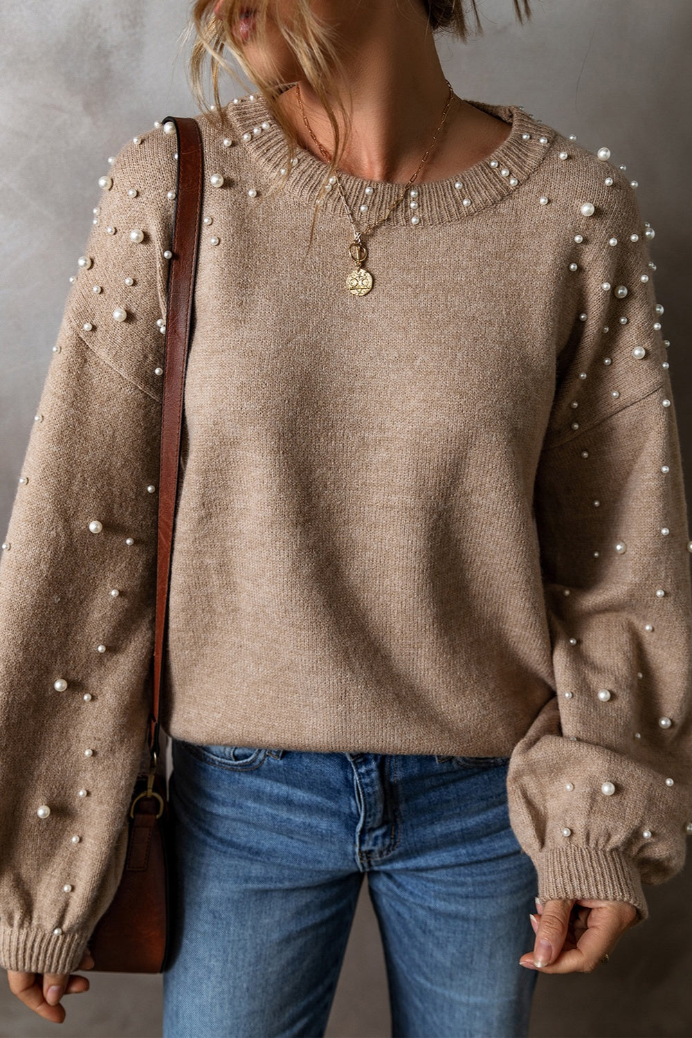 Pearl Detail Round Neck Long Sleeve Boho Sweater - Spirit and Rebel [Spirit and Rebel] Mocha S 