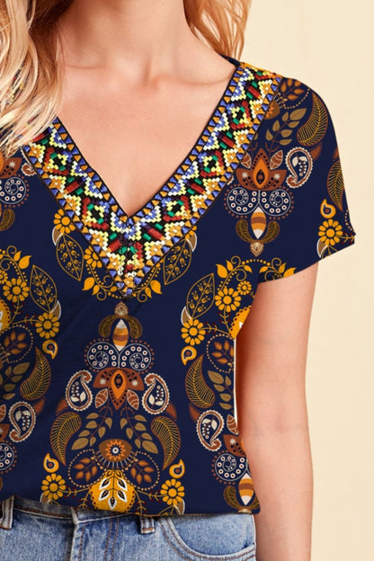 Printed V-Neck Short Sleeve Boho T-Shirt [Spirit and Rebel]   