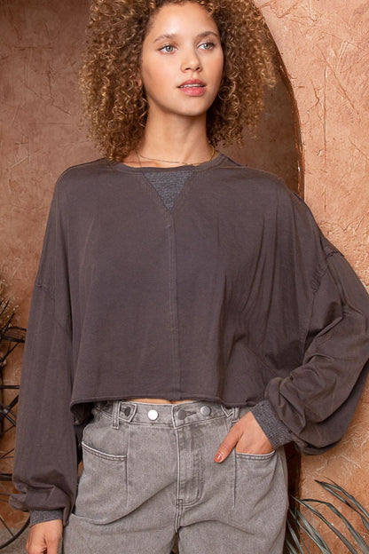 Cropped Long Sleeve Boho Top - Spirit and Rebel [Spirit and Rebel] Deep Charcoal S 