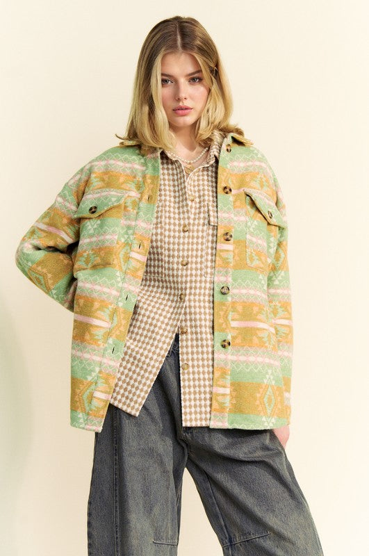 High-Low Geometric Long Sleeve Shacket with Pockets [Spirit and Rebel] Gum Leaf S