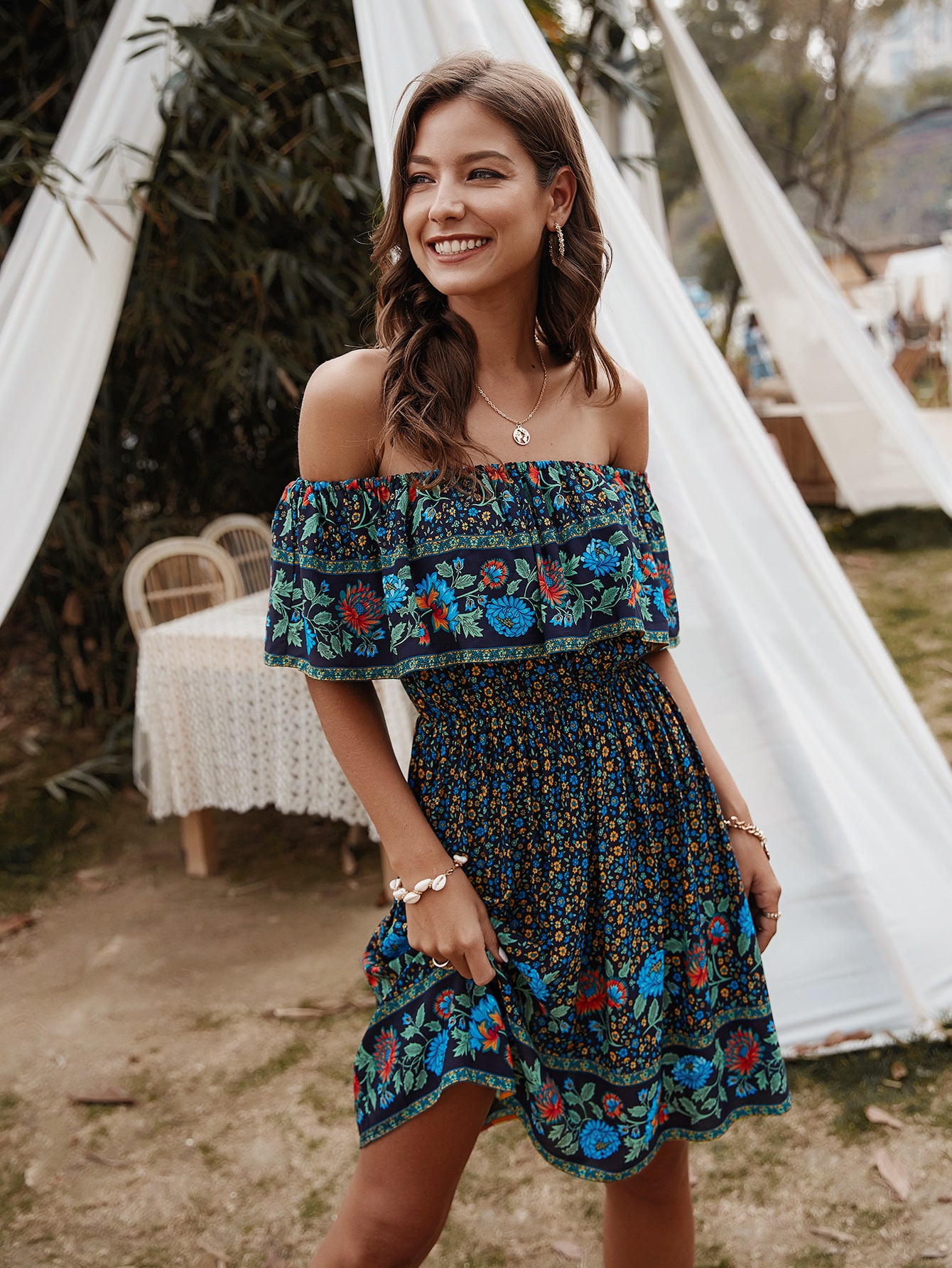 Bohemian Print Off-Shoulder Strapless Knee Length Dress [Spirit and Rebel]   