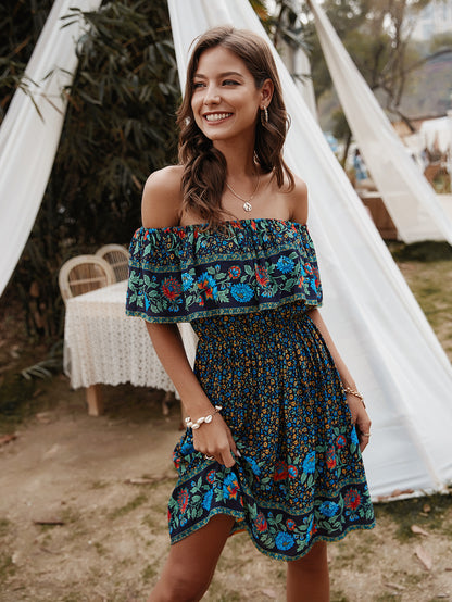 Bohemian Print Off-Shoulder Strapless Knee Length Dress [Spirit and Rebel]   