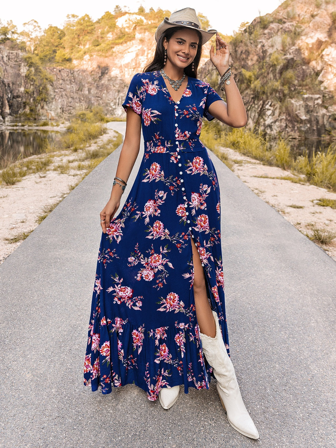 V-Neck Short Sleeve Maxi Dress [Spirit and Rebel]   