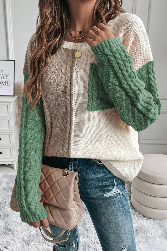 Color Block Round Neck Long Sleeve Boho Sweater - Spirit and Rebel [Spirit and Rebel] Matcha Green S 