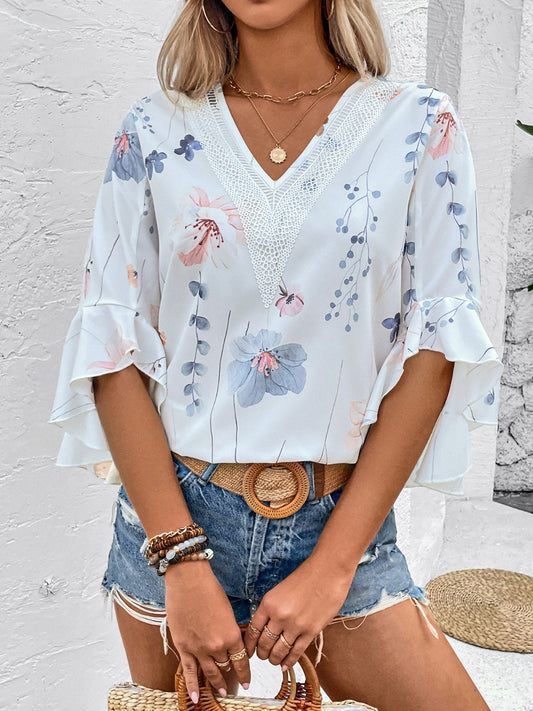 Ruffled Printed V-Neck Half Sleeve Boho Blouse - Spirit and Rebel [Spirit and Rebel] White S 