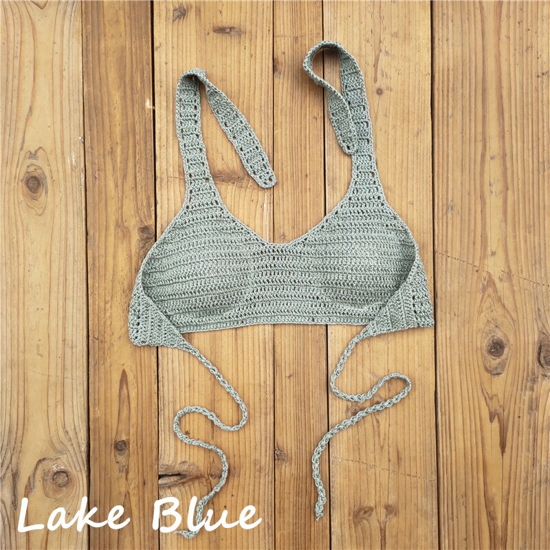 Cabana Push Up Knitted Crochet Halter Bikini Top [Spirit and Rebel] Lake Blue S