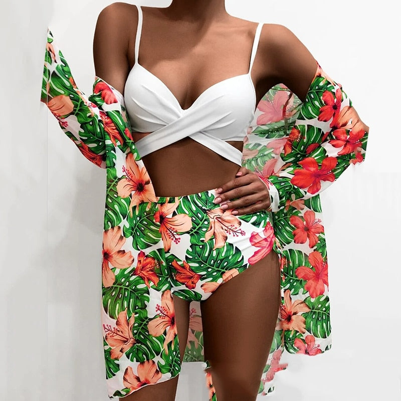 Modest 3 PCS White Floral Swimsuit Push up High Waist Swimwear Cover Up Set [Spirit and Rebel] B4773RG S