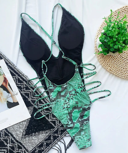 Snake Print V Neck Strappy Swimsuit