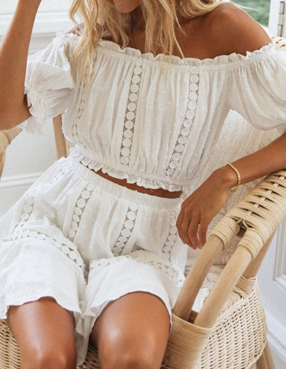 Bohemian Beauty Off Shoulder White Top Mini Boho Skirt Set [Spirit and Rebel]   