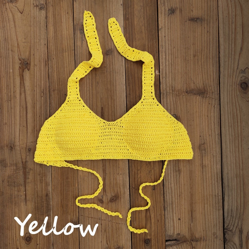 Cabana Push Up Knitted Crochet Halter Bikini Top [Spirit and Rebel] Yellow S