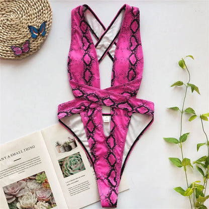 Radiant Deep Plunge High Leg Snake Print Swimsuit Sunset and Swim