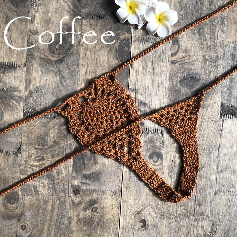 Mini Micro See Through G-strings Crochet Bikini Thongs [Spirit and Rebel] Coffee M