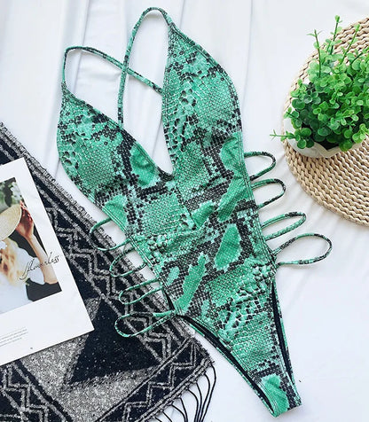 Snake Print V Neck Strappy Swimsuit