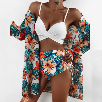 Modest 3 PCS White Floral Swimsuit Push up High Waist Swimwear Cover Up Set [Spirit and Rebel] B4773NA S