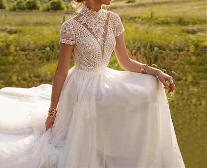 Whispering Lace High Neck Boho Wedding Dress [Spirit and Rebel]   