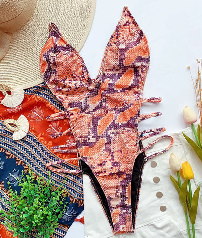 Snake Print V Neck Strappy Swimsuit