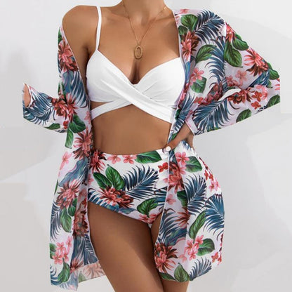 Modest 3 PCS White Floral Swimsuit Push up High Waist Swimwear Cover Up Set [Spirit and Rebel]