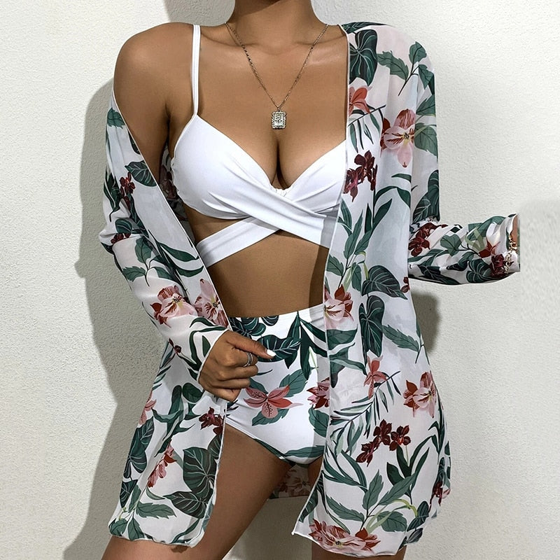 Modest 3 PCS White Floral Swimsuit Push up High Waist Swimwear Cover Up Set [Spirit and Rebel] B4773WR S