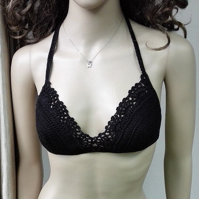 Handmade Crochet Bohemian Bikini Top Sunset and Swim Black as pic S